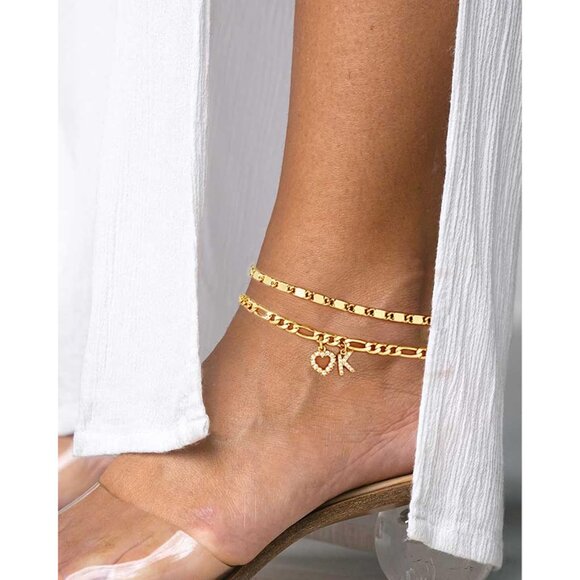 Summer Essential: Dainty 14K Gold Ankle Bracelets with Heart & Initial Charm - Picture 3 of 8